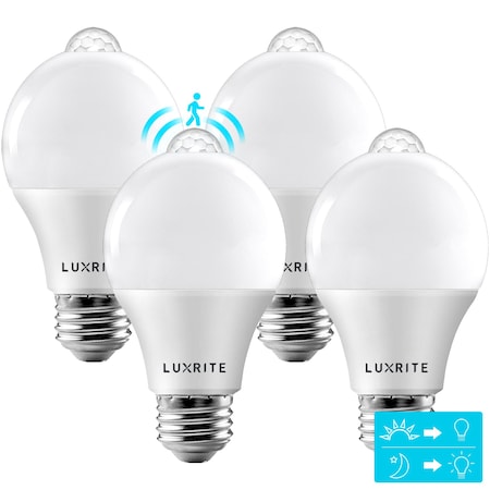 Luxrite A19 LED Light Bulbs Dusk to Dawn Motion Sensor 9W=60W 800LM 3000K Soft White E26 Base 4-Pack LR21481-4PK